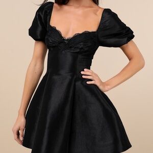 Lulus Enchanting Presence Black Taffeta Lace Puff Sleeve Mini Dress - Size XL